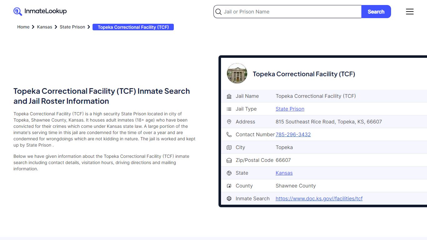 Topeka Correctional Facility (TCF) Inmate Search and Jail Roster ...